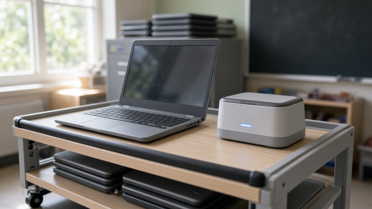CleanintUV cradle beside an open Chromebook on a classroom device cart stacked with shared laptops