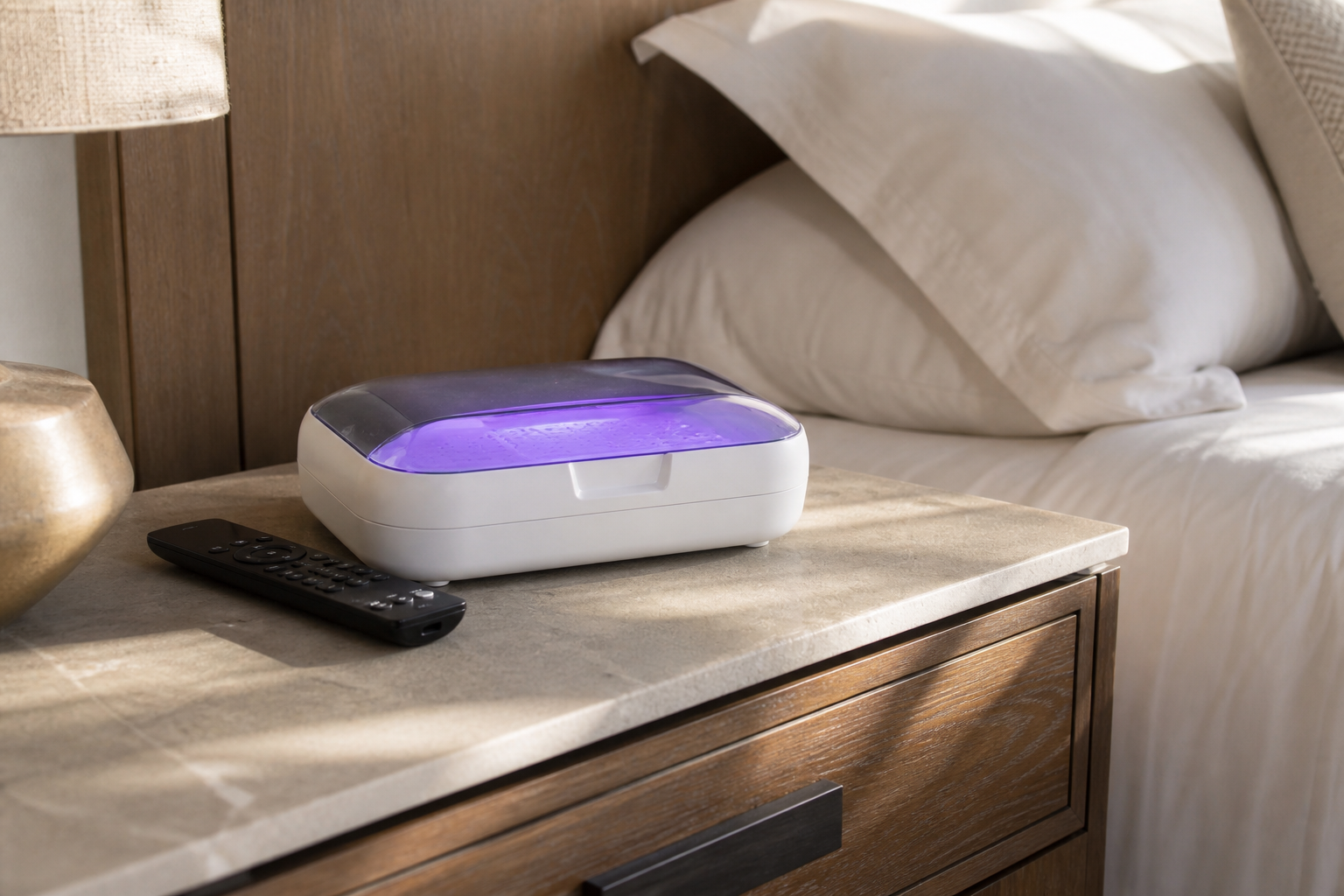 CleanintUV cradle glowing beside a hotel TV remote on a guest-room nightstand