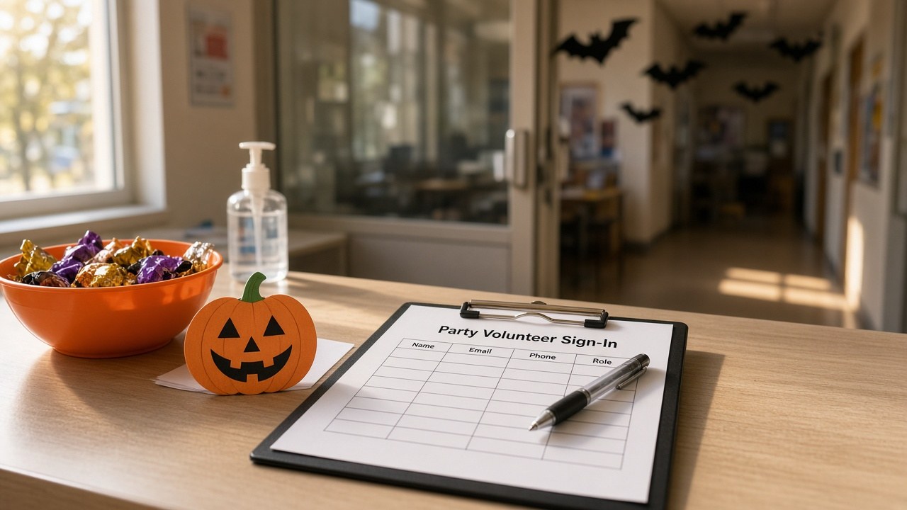 Party volunteer sign-in clipboard and pen on a school front-office counter beside a bowl of wrapped Halloween candy and a paper jack-o'-lantern