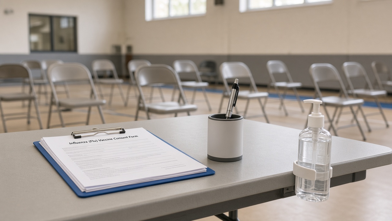 Cleanpen and clipboard on a school flu-clinic check-in table